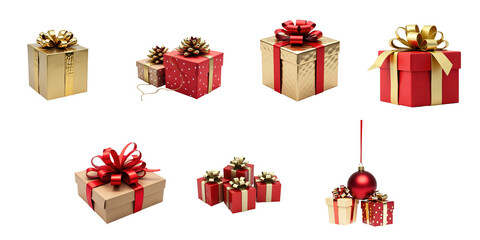 Variety of Festively Wrapped Gift Boxes in Red and Gold with Ribbons and Bows on a transparent Background Including Decorative Ornaments for Holiday Celebrations