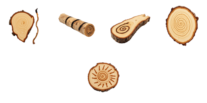 Collection of Various Wooden Log Cross-Sections and Shapes Featuring Spiral and Sunburst Patterns on a transparent Background
