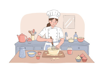 A cheerful female baker mixes batter in a bright kitchen, preparing delicious cupcakes. A warm, inviting scene perfect for food and lifestyle visuals.