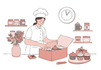 A cheerful baker wraps cupcakes in a gift box, showcasing a sweet treat and a professional setting. Clean lines and pastel colors create a visually appealing and inviting image.