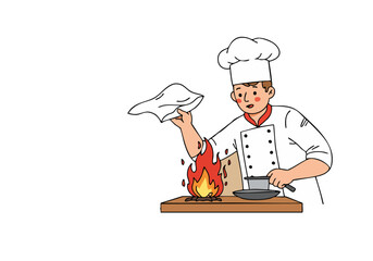 cheerful chef demonstrates 'Towel Blaze' - a kitchen mishap! Flames erupt from a pan as he playfully gestures with towels Dynamic illustration with a bright playful style 