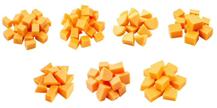 Various Arrangements of Orange Cheese Cubes on transparent Background Showcasing Different Shapes and Sizes Including Triangles and Squares - Powered by Adobe