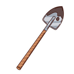 Metal shovel with wooden handle and muddy blade, leaning diagonally. Groovy cartoon doodle style. Vector illustration for farming, gardening tools, or kids design.