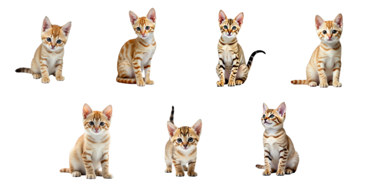 Collection of Playful Kittens in Various Poses with Distinctive Striped Fur and Whiskers on a transparent Background, Featuring a Range of Expressions and Stances.