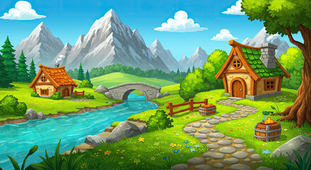 Naklejka premium Sunny village scene with cute fantasy dwarf house cartoon illustration. Mountain ridge view in leprechaun village near river shore. Paved path to elves cottage with chimney summer game background.