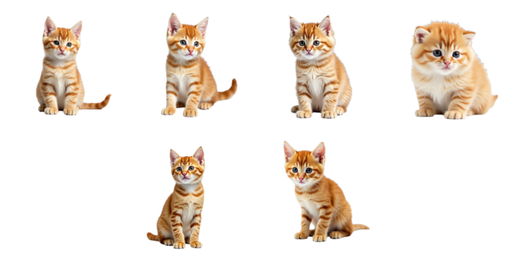 A playful collection of six adorable orange tabby kittens in various poses, showcasing their cute features and expressions on a transparent background, perfect for pet lovers.