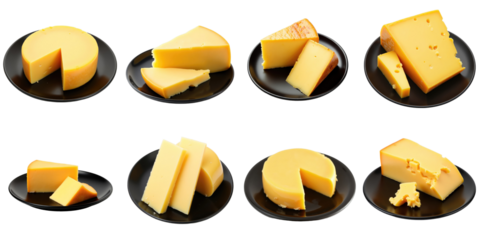 Variety of Yellow Cheeses Displayed on transparent Plates Different Shapes and Sizes Including Slices Wedges and Cubes Featuring Soft and Hard Cheese Textures