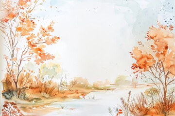 Autumn landscape with colorful trees and gentle hills at sunrise. Watercolor illustration 
