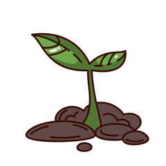 Small green plant with two leaves sprouting from dark soil. Groovy cartoon doodle style. Vector illustration for farming, gardening, eco themes, or organic design.