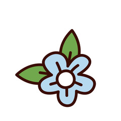 Simple blue flower with five petals and two green leaves. Groovy cartoon doodle style. Vector illustration for spring design, garden decoration, or kids art.