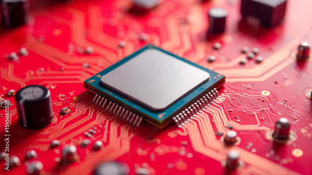 Poster close-up of a computer processor on a detailed red circuit board design