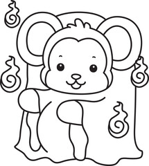 Outline of Cute Monkey icon. Lineart of Funny baby Monkey animal series stock illustration.