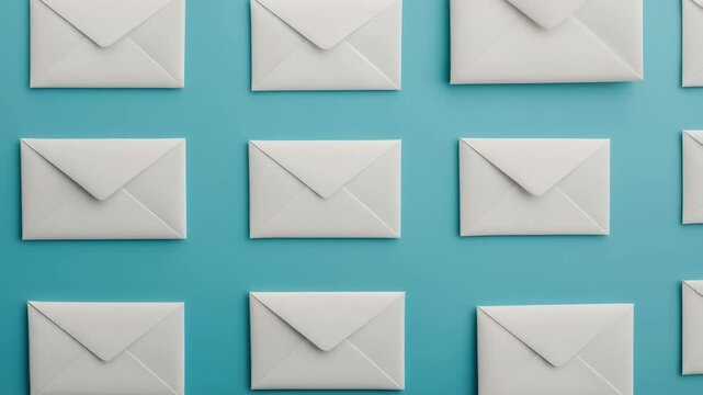 A collection of white envelopes arranged neatly on a vibrant blue background, creating a visually appealing pattern.