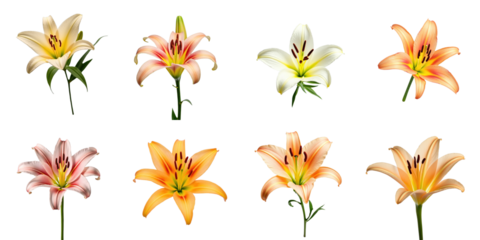 Collection of Various Lily Flowers Displayed in Nine Distinct Colors and Angles on a transparent Background, Featuring Soft Petals and Vibrant Stems
