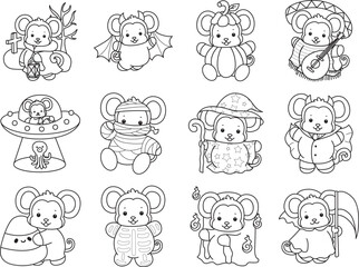 Outline of Cute Monkey icon. Lineart of Funny baby Monkey animal series stock illustration.