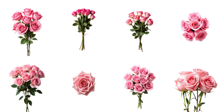 Collection of Pink Roses on transparent Background Featuring Various Bouquets and Arrangements with Different Stem Lengths and Bloom Sizes Ideal for Floral Design Projects