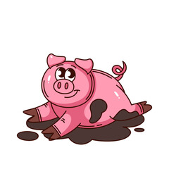 Happy pink pig with black spots lying in mud puddle, smiling with big eyes and curled tail. Groovy cartoon doodle style. Farm animal illustration for kids design and farm content. Vector illustration.