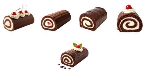 Collection of Chocolate Swiss Rolls on transparent Background Featuring Various Designs and Toppings Including Whipped Cream, Cherries, and Mint Garnishes