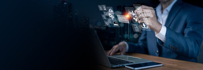 Global digital technology for business growth and innovation. Businessman using data-driven strategies and digital transformation for smart business solutions.