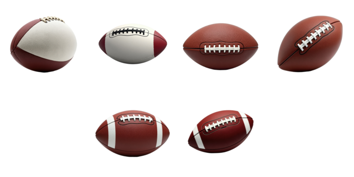 Collection of Various American Footballs in Different Designs Positioned Against a transparent Background Featuring Leather Textures and Distinctive Stitching Details