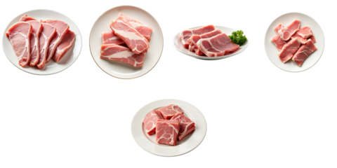 Collection of Raw Pork Cuts Displayed on White Plates with Varying Arrangements and Cuts Against a transparent Background