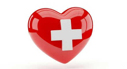 Fototapeta premium A shiny red heart featuring a white cross symbol against a white background, representing healthcare, charity, or Swiss identity.