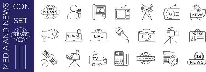 Collection of linear icons related to media and journalism 