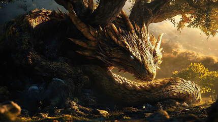 Forest sunset backlights silhouette of tree dragon high resolution picture