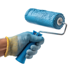 Hand holding a paint roller with blue paint ready for decorating on a transparent background, cut out