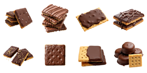 Delicious assortment of chocolate-covered biscuits arranged attractively on a transparent background, showcasing various textures and patterns including drizzled, layered, and filled options.