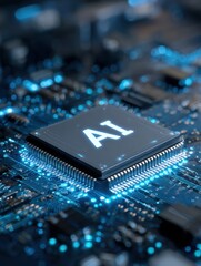 An advanced microchip featuring AI is positioned prominently on a circuit board. The chip is illuminated with a blue glow, highlighting connections and technological sophistication