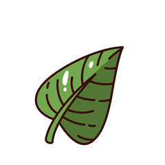 Single green leaf with dark veins and curved shape, featuring glossy highlights. Simple groovy cartoon doodle style. Vector illustration for eco design, logos, or farm elements.