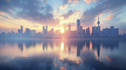 Fototapeta premium stunning city skyline at sunset, featuring tall buildings and river reflecting vibrant colors