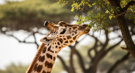 Obraz premium Giraffe Reaching for Leaves A Close-Up in African Savanna