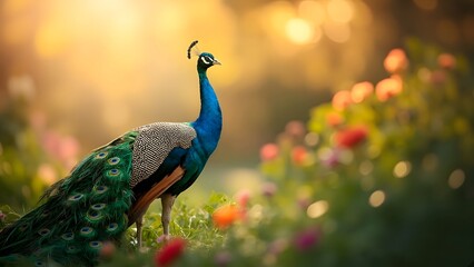 Obraz premium Majestic Full-Body Peacock in Sunlit Garden