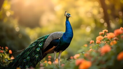 Obraz premium Majestic Full-Body Peacock in Sunlit Garden