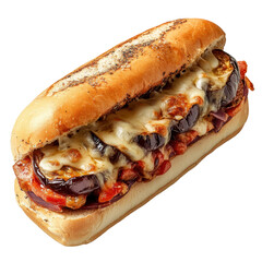 Mouthwatering sandwich featuring grilled vegetables and melted cheese served on a toasted bun