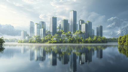 Fototapeta premium futuristic vision of green city with modern buildings and lush nature reflected in water