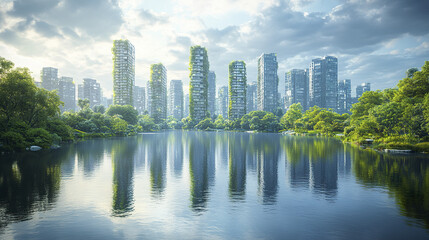 Fototapeta premium futuristic vision of green city with modern buildings reflecting in serene lake