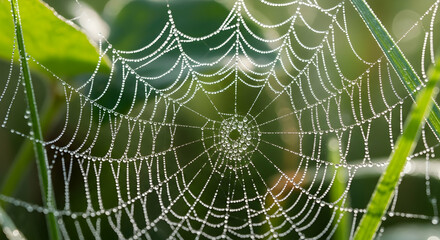 Naklejka premium Spiderweb Covered With Dewdrops During a Spring Morning On a Green Meadow