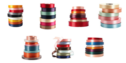 Assorted Colorful Ribbon Spools Stacked in Various Heights Featuring Glossy and Matte Finishes on a...