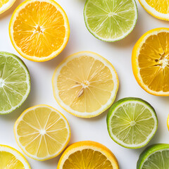 Pattern of slices of various citrus fruits on a white background. lemon, lime, orange. juicy fruits. summer background