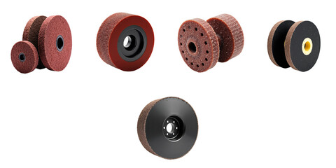 Fototapeta premium Collection of Abrasive Discs Featuring Various Shapes and Sizes with a Distinctive Red, transparent, and Yellow Color Palette on a transparent Background
