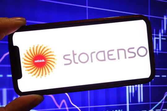 Konskie, Poland - February 14, 2025: Stora Enso company logo displayed on mobile phone