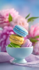 Stacked colorful macarons in a bowl with pink flowers in the soft background