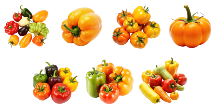 Colorful Collection of Fresh Vegetables Featuring Various Bell Peppers, Miniature Cucumbers, and Tomatoes on a transparent Background with a Vibrant Array of Colors and Shapes