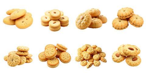 Assorted Delicious Cookie Varieties Displayed in a Grid with Different Shapes and Textures on a transparent Background Showcasing Their Unique Designs and Golden Color