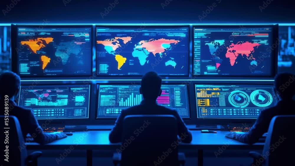 Poster a high-tech control room with individuals monitoring multiple screens displaying global data and geo