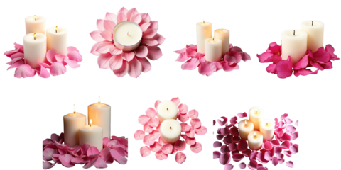 Elegant candle arrangement featuring various styles of white candles surrounded by pink flower petals on a transparent background, perfect for romantic or serene settings.