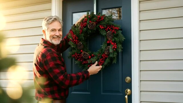 Man in festive plaid hangs wreath of pine  berries on a dark blue front door spreading holiday cheer